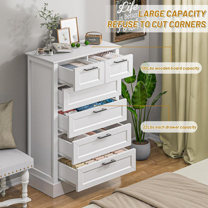 Odeekea White Dresser with 6 Drawers, Vertical Tall Dresser for Bedroom, Chest of Drawers for