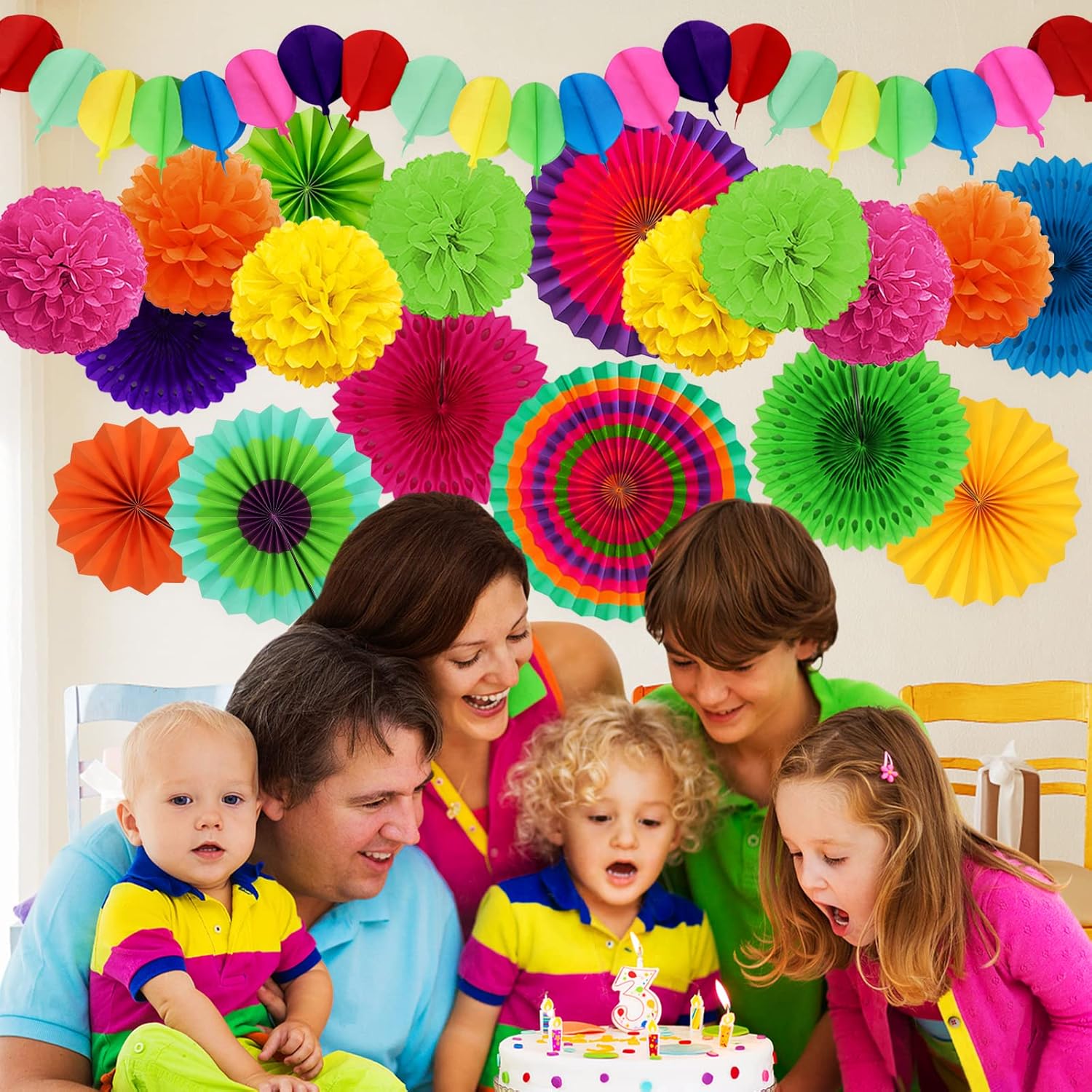 Fiesta Party Decorations, Multicolored Paper Pompoms Fan Garlands for Mexican Party Cinco De Mayo