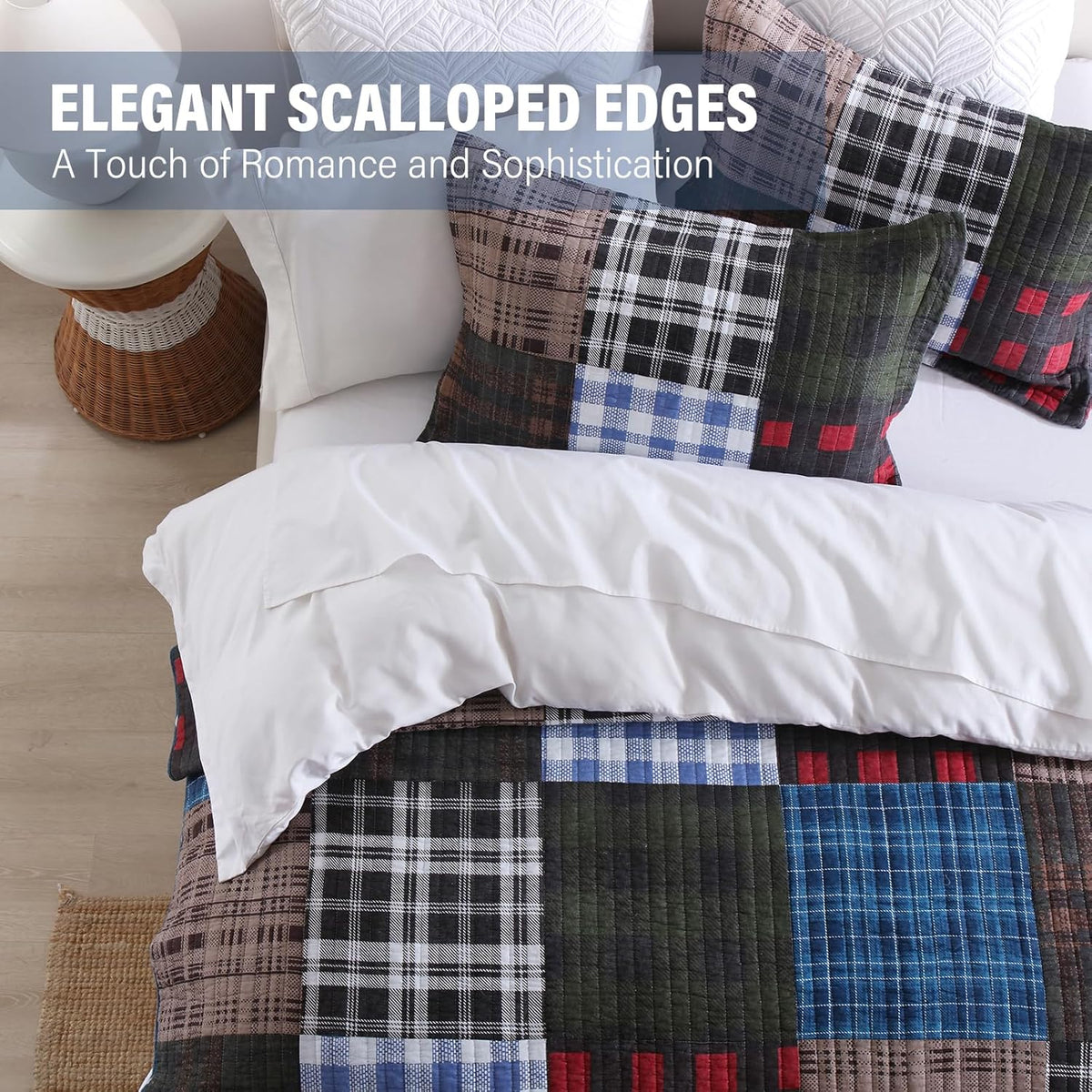 NEWLAKE Quilt Set Queen Size, Cotton Patchwork Blue Black Checkered Patterns Quilt Sets, Reversible