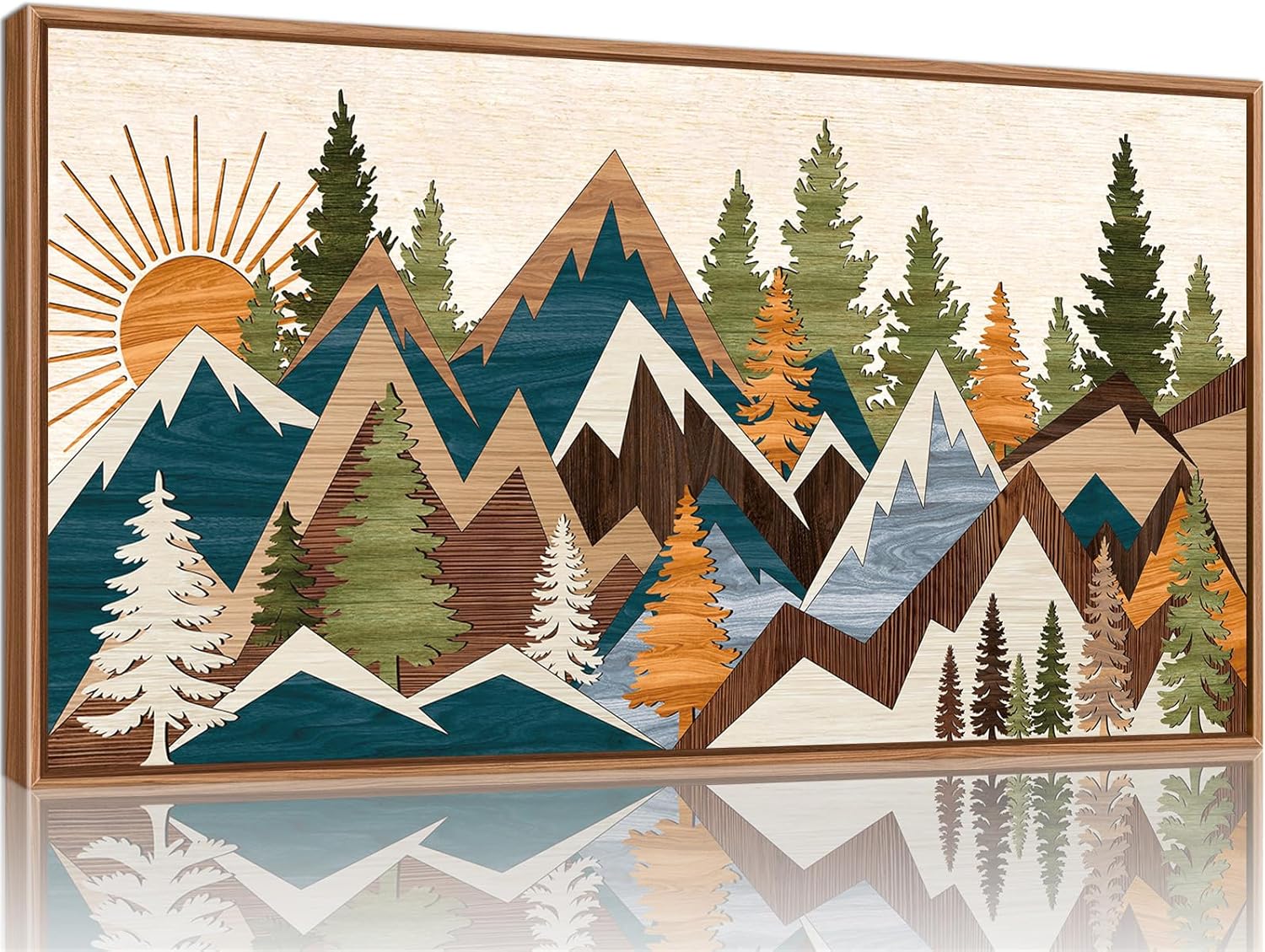 Tinonedraw Large Metal Mountain Framed Canvas Wall Art, Boho Rustic Sunrise Forest Wall Decor, 3