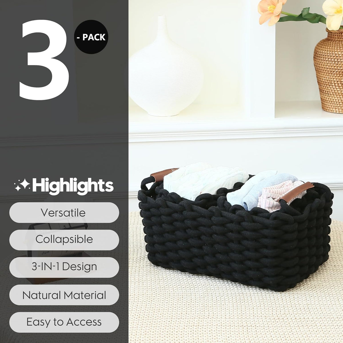 Sea Team 3-Pack Rectangle Woven Cotton Rope Storage Baskets with Handles, Shelf Basket, Closet