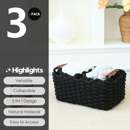 Sea Team 3-Pack Rectangle Woven Cotton Rope Storage Baskets with Handles, Shelf Basket, Closet