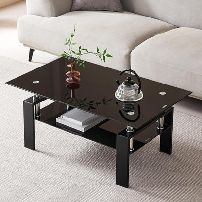 Black Glass Coffee Table for Living Room, Mordern Rectangle Tempered Glass Sofa Center Tables with