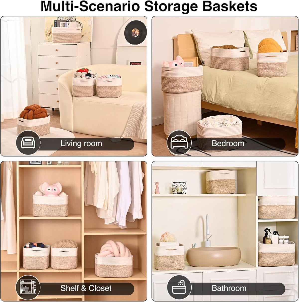 Storage Baskets for Shelves, Woven Storage Basket, Bins for Cube Storage, Cotton Rope Basket with