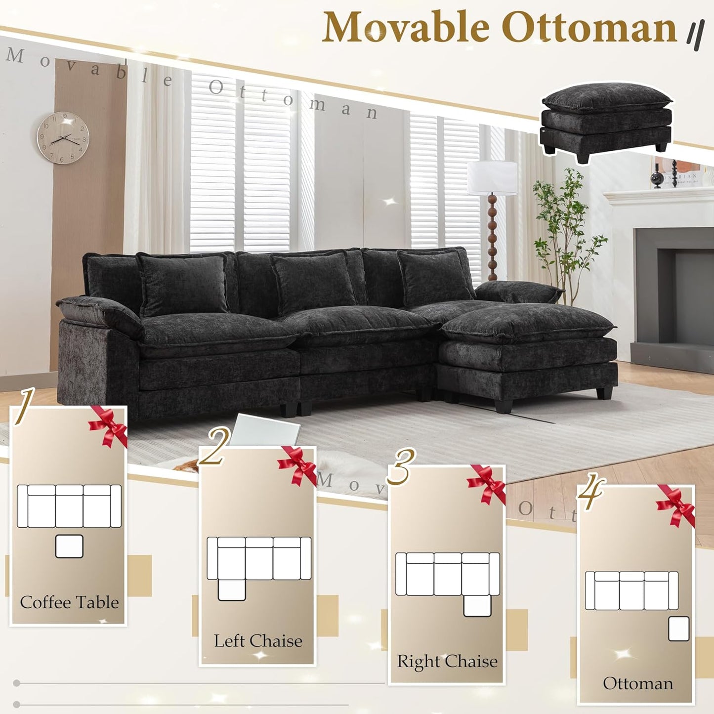URRED Modular Sectional Sofa Comfy Cloud Couch, Modern Chenille Sofa Sleeper Deep Seat Couches with