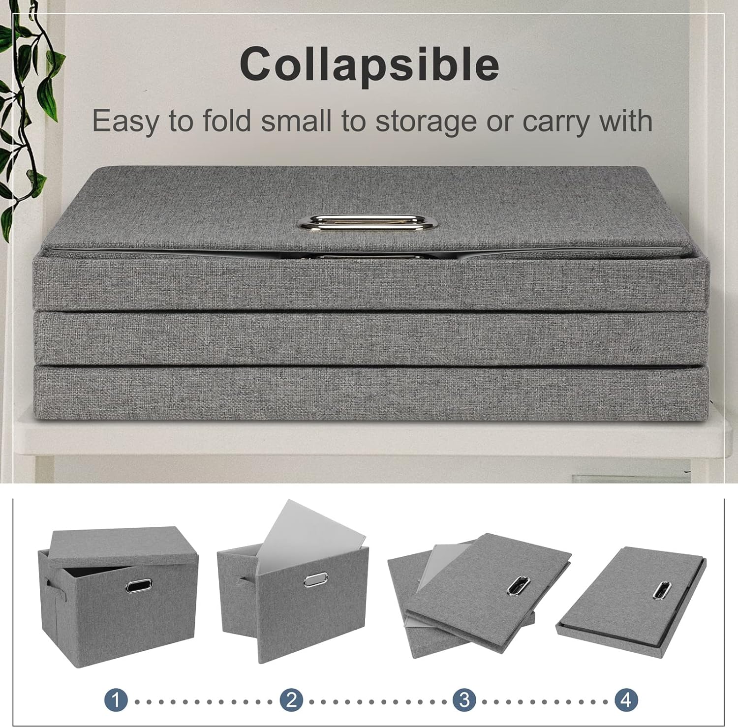 Large 17" 36 Quart Collapsible Stackable Storage Bins with Lids, 3 Packs Grey Linen Fabric Closet