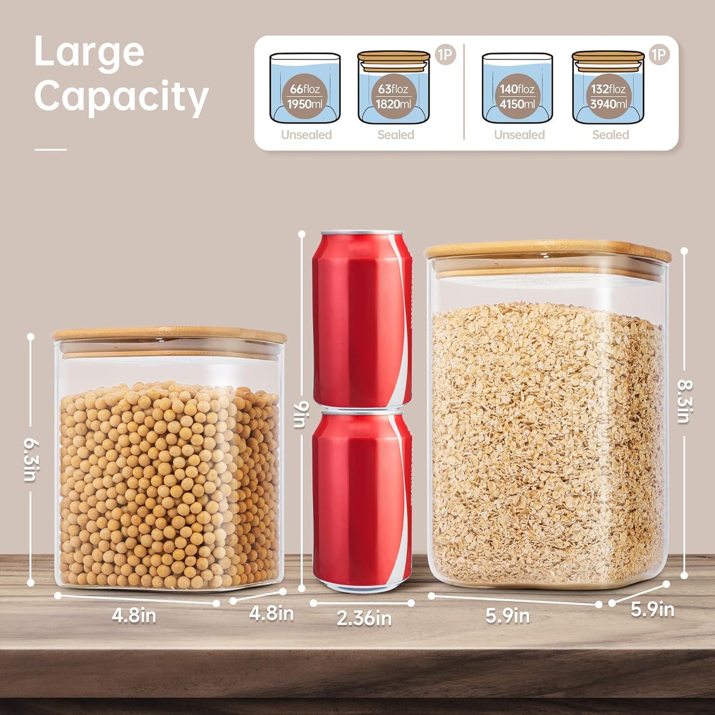 Extra Large Square Glass Flour & Sugar Storage Containers with Airtight Lids, 132 floz & 63 floz