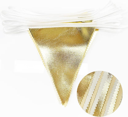White and Gold Party Decorations Gold Beige White Fabric Triangle Pennant Banner Flag Bunting