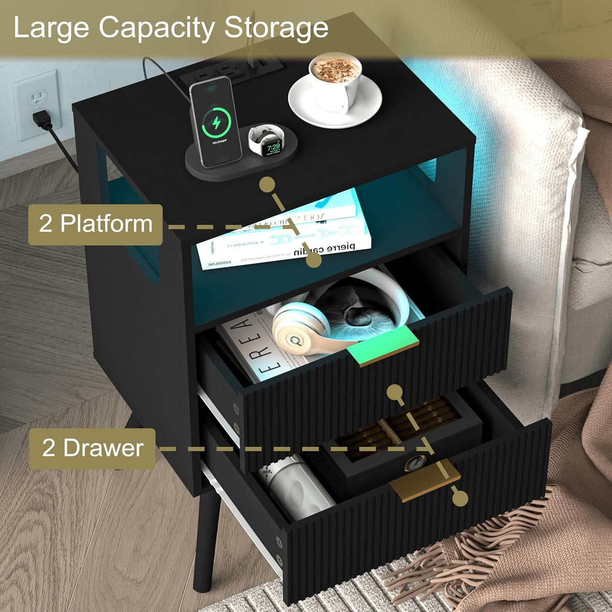 Black Nightstand with Charging Station and LED Lights,Modern Bedside Table with 2 Storage Drawer