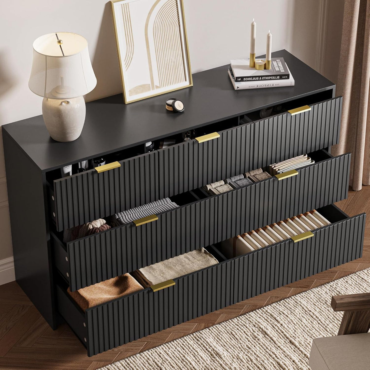 Black 7 Drawer Dresser for Bedroom, Modern Fluted Dresser with Gold Metal Handles, Wide Chest of