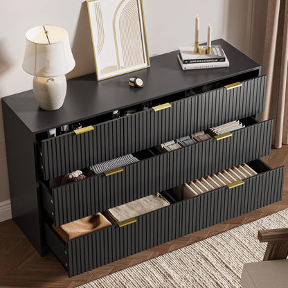 Black 7 Drawer Dresser for Bedroom, Modern Fluted Dresser with Gold Metal Handles, Wide Chest of