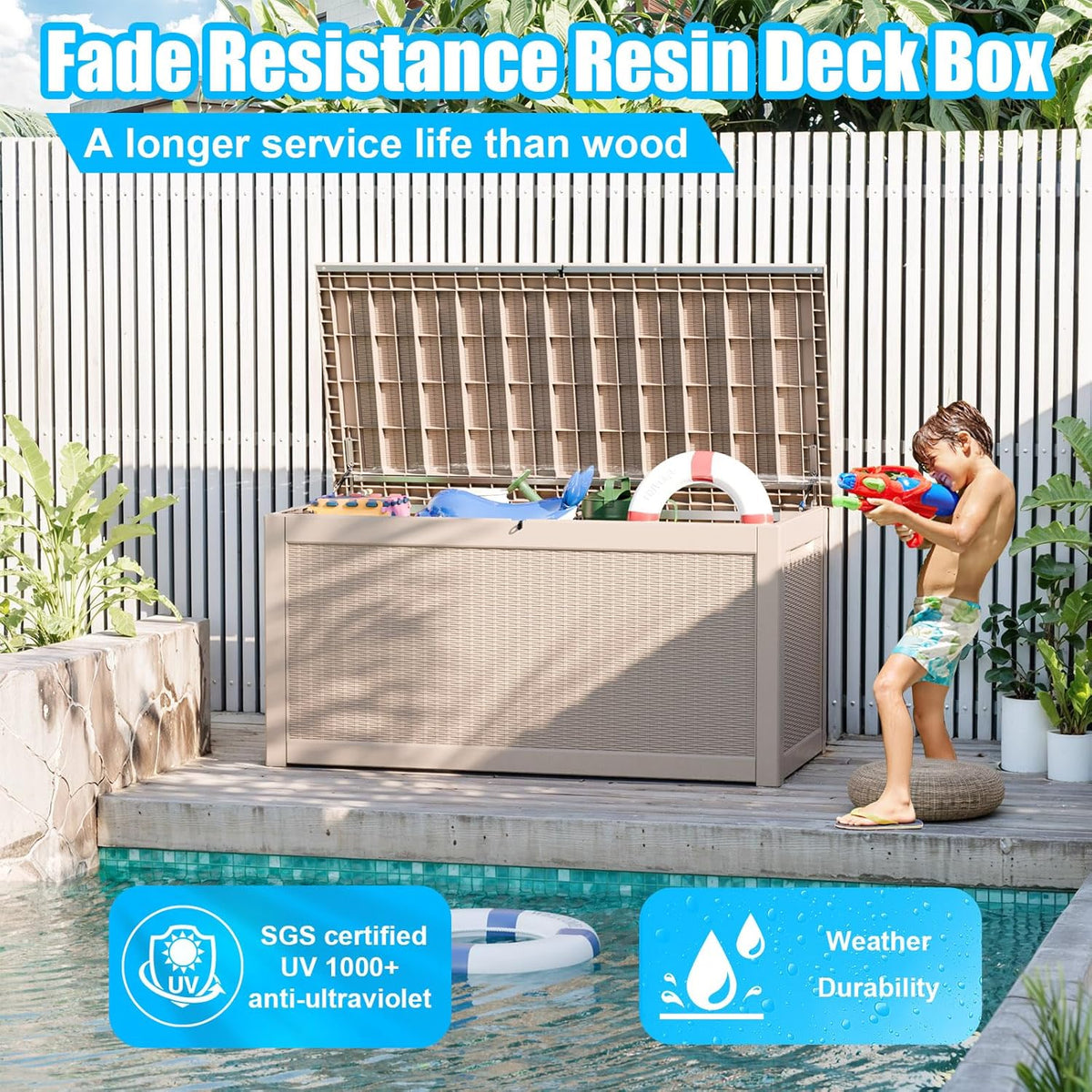 260 Gallon Large Resin Deck Box, Lockable Outdoor Storage Box for Patio Cushions Storage