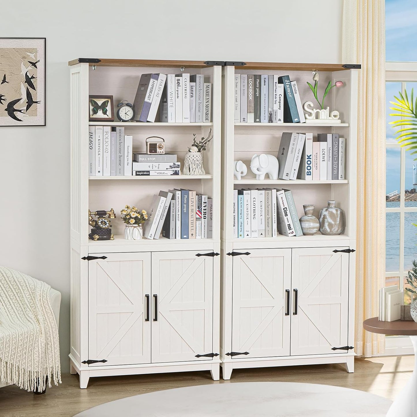 70in Tall Bookshelf 5 Tier Bookcase with Barn Doors and Storage Cabinet, White Farmhouse Book Shelf