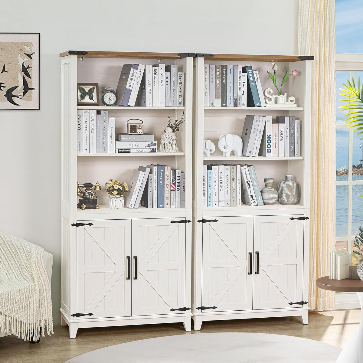70in Tall Bookshelf 5 Tier Bookcase with Barn Doors and Storage Cabinet, White Farmhouse Book Shelf