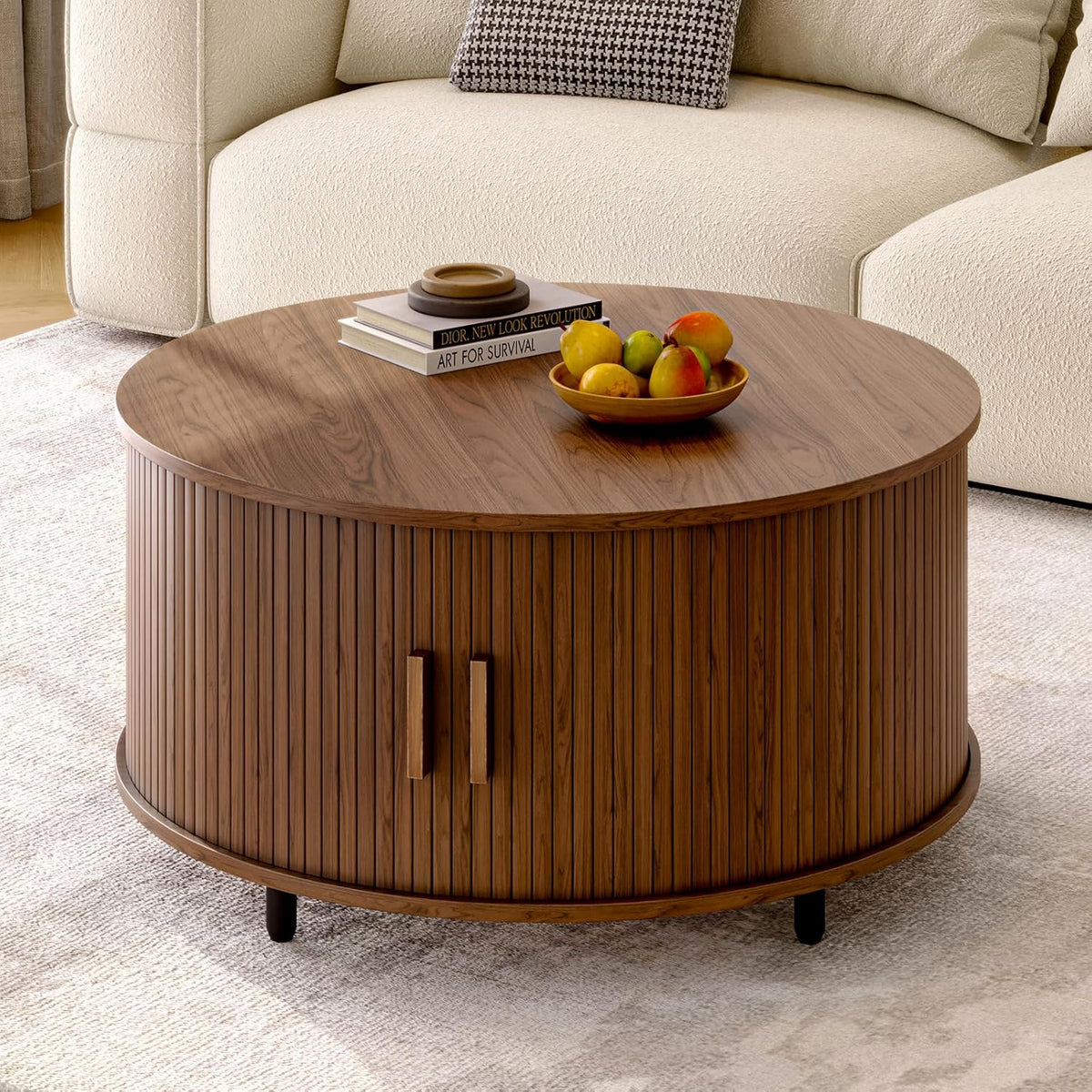 Round Coffee Table with Storage, 31.5" Modern Coffee Table with 360° Curved Sliding Door, Fluted