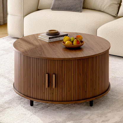 Round Coffee Table with Storage, 31.5" Modern Coffee Table with 360° Curved Sliding Door, Fluted
