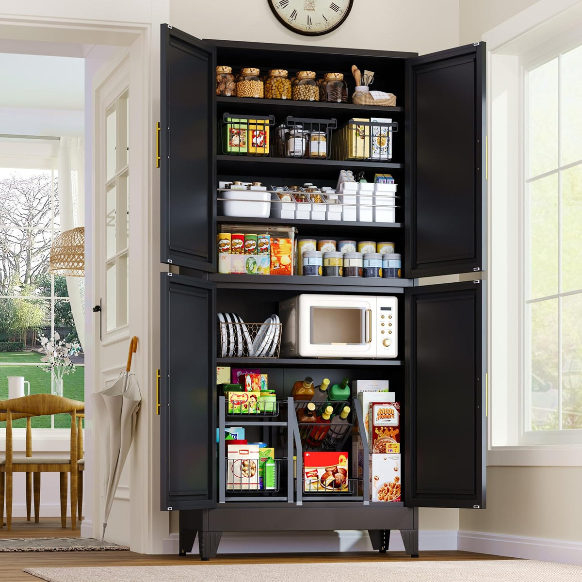 75.2" Tall Metal Pantry Cabinet, Storage Cabinets with 4 Door and 4 Adjustable Shelves, Black
