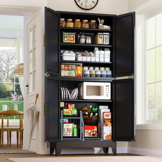 75.2" Tall Metal Pantry Cabinet, Storage Cabinets with 4 Door and 4 Adjustable Shelves, Black