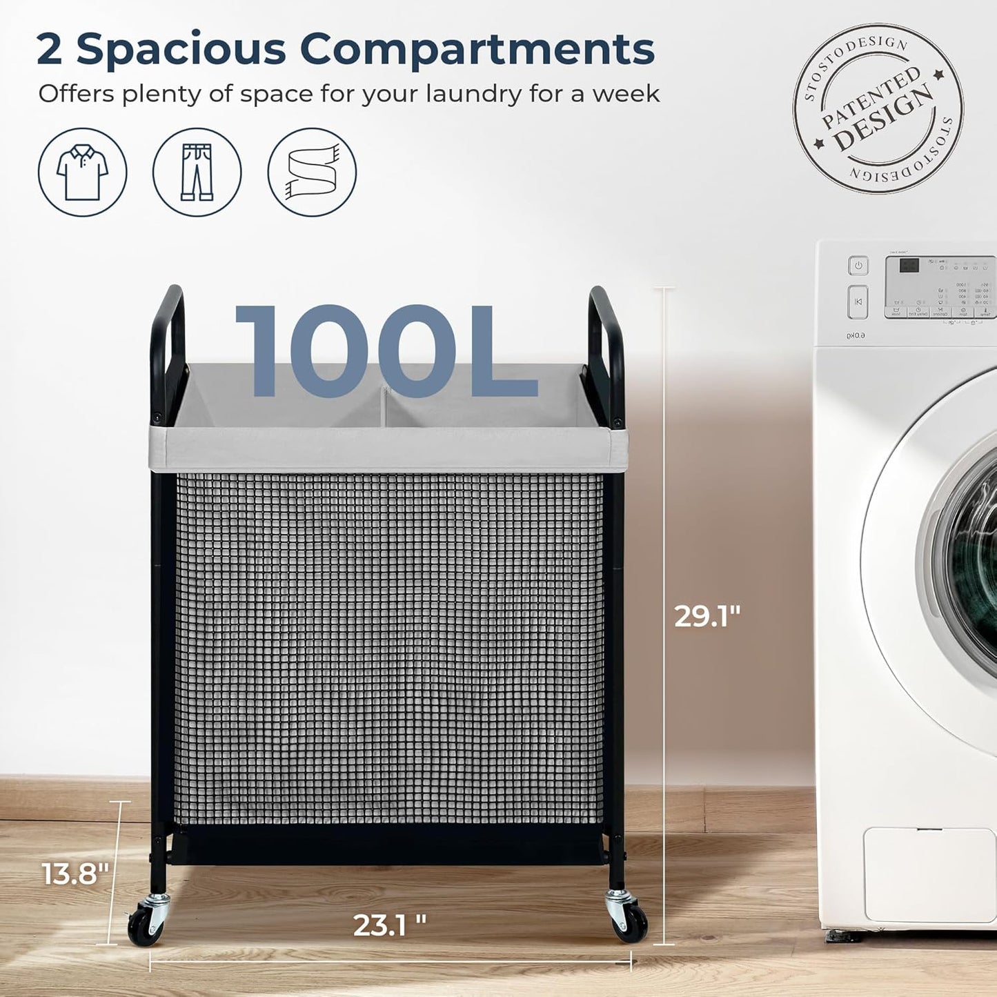 STO STO Laundry Hamper 2 Section, 100L Rolling Laundry Sorter Cart with Removable and Washable