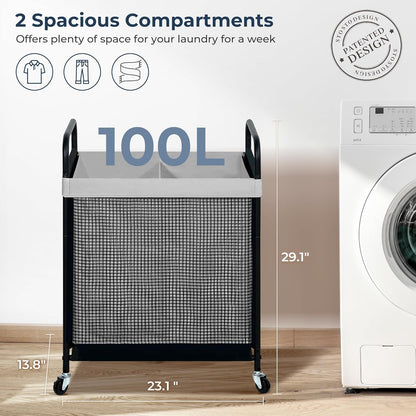 STO STO Laundry Hamper 2 Section, 100L Rolling Laundry Sorter Cart with Removable and Washable