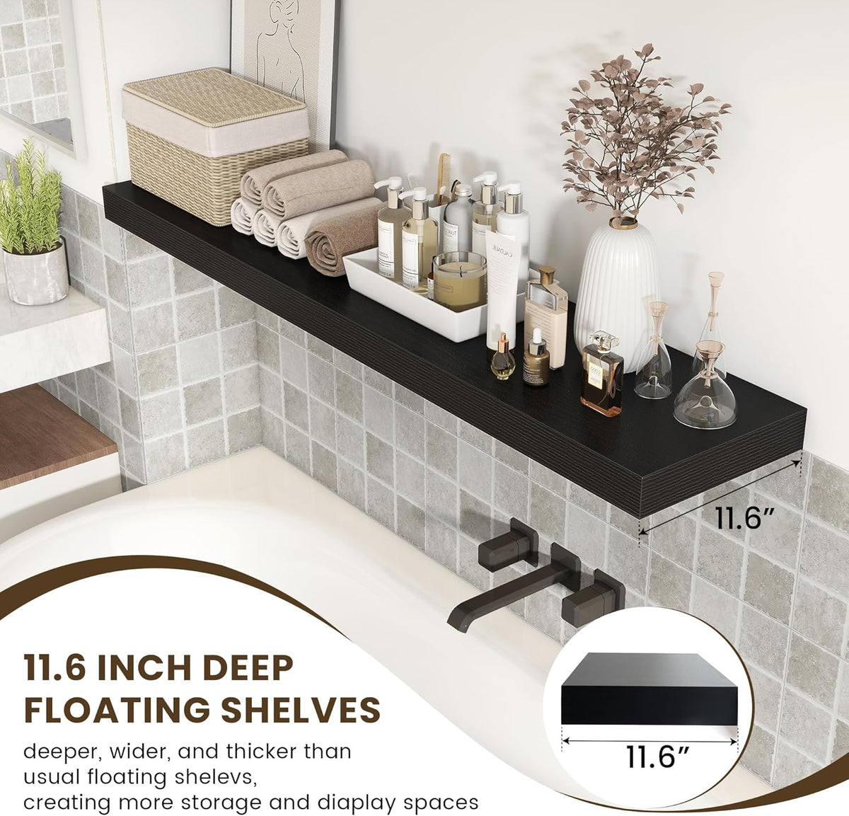 Black Floating Shelves for Wall - 55 Inch Wide x 12 Inch Deep Wall Shelves Set of 1 - Rustic Black