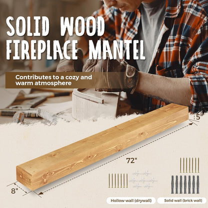 72x8x5 Fireplace Mantel - Handcrafted Rustic Solid Wood Wall Mounted Floating Shelf with Invisible