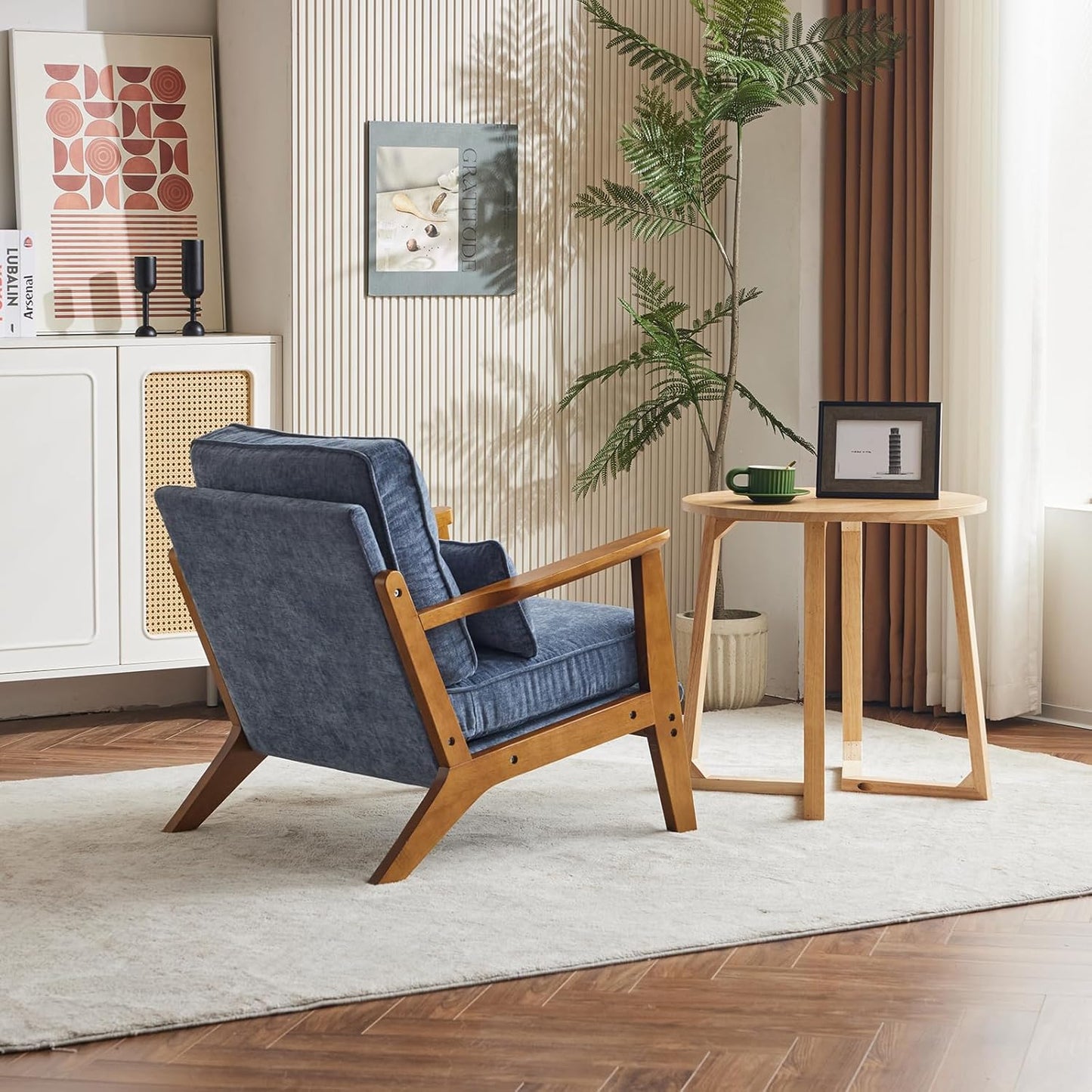 Karl home Accent Chair Wide Armrest Mid-Century Lounge Chair Chenille Armchair with Lumbar Pillow &