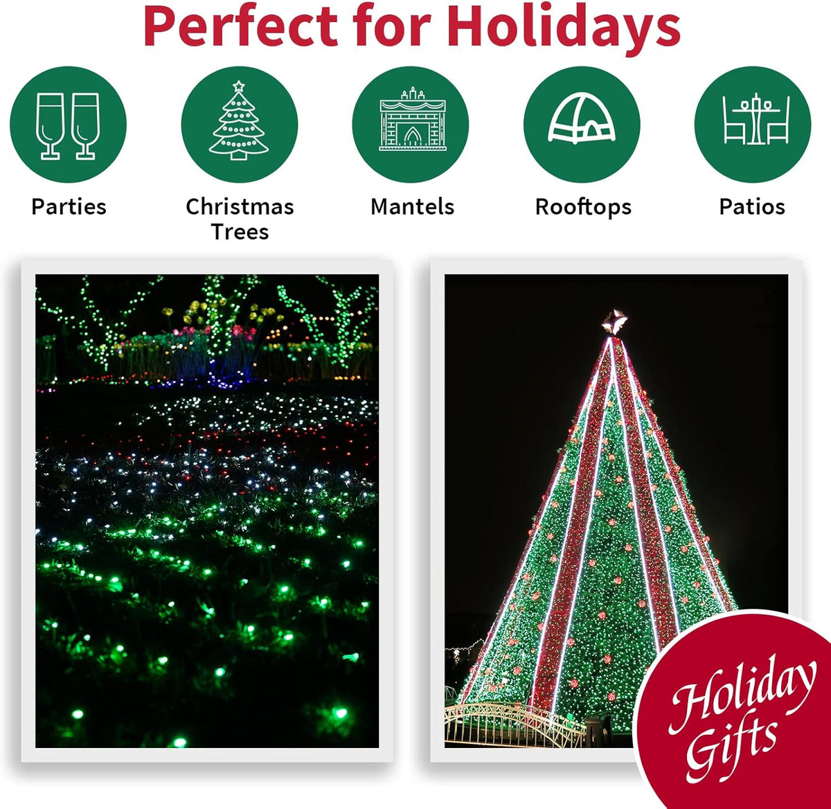 Green Wide Angle LED Christmas Lights, 64.8 Ft 300 Count, Pack of 3 Strands 21.9 Ft 100 Lights UL