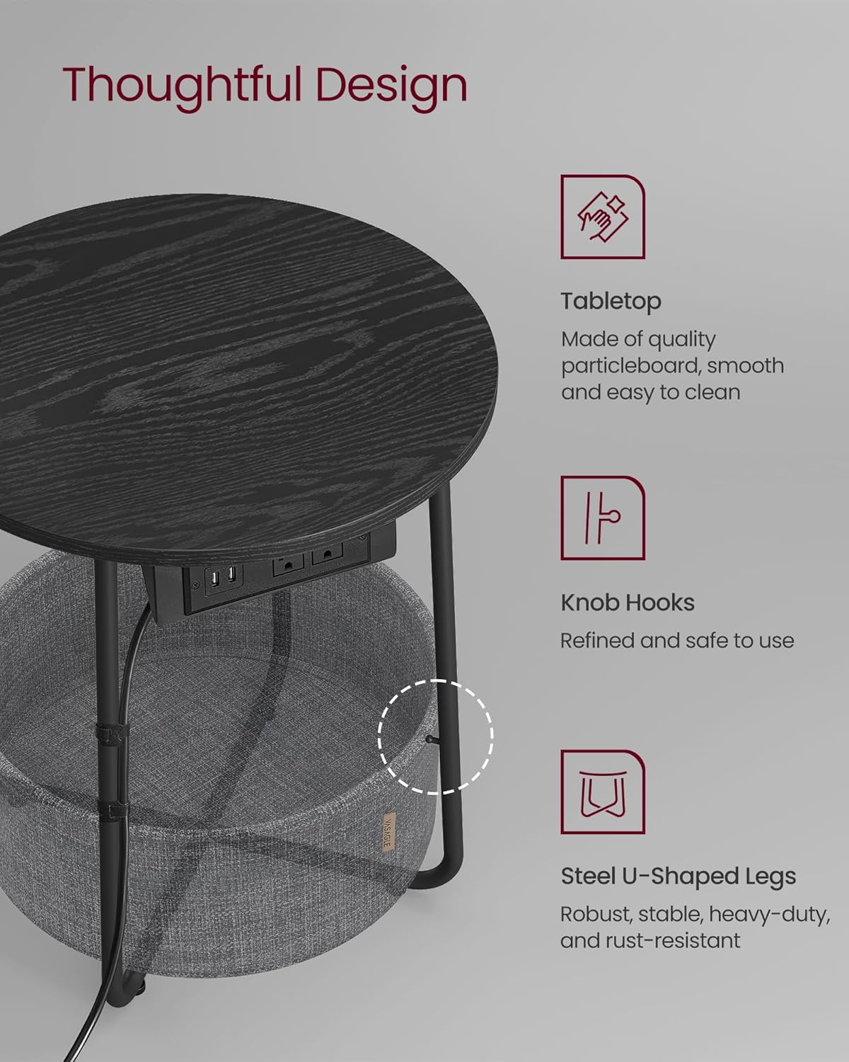 VASAGLE Side Table with Charging Station, Round End Table with Fabric Basket, Nightstand with Power