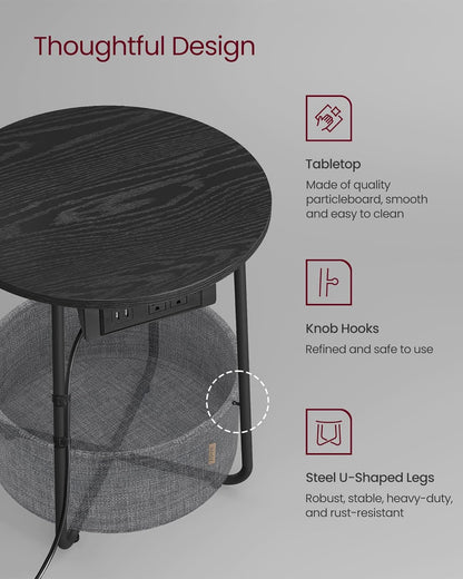 VASAGLE Side Table with Charging Station, Round End Table with Fabric Basket, Nightstand with Power