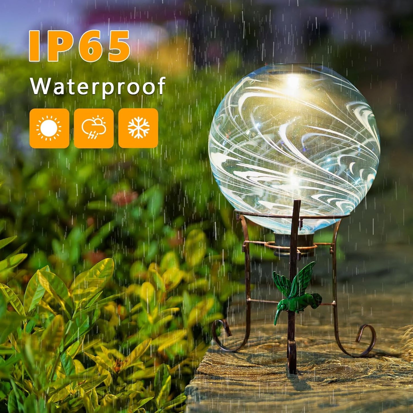 10 Inch Solar Glass Gazing Ball, with 9.4" Tall Metal Gazing Globe Stand, Solar Ball Lights Display