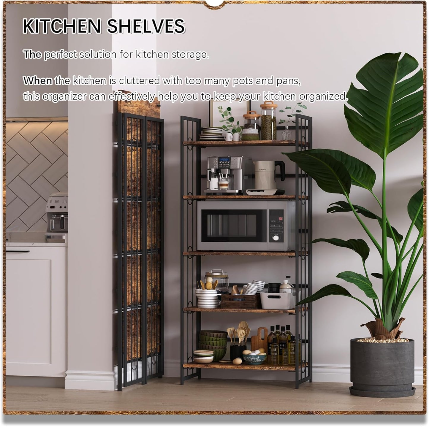 4NM No Assembly 5 Tiers Folding Bookshelf, 59.4" H Foldable Storage Shelves Vintage Bookcase
