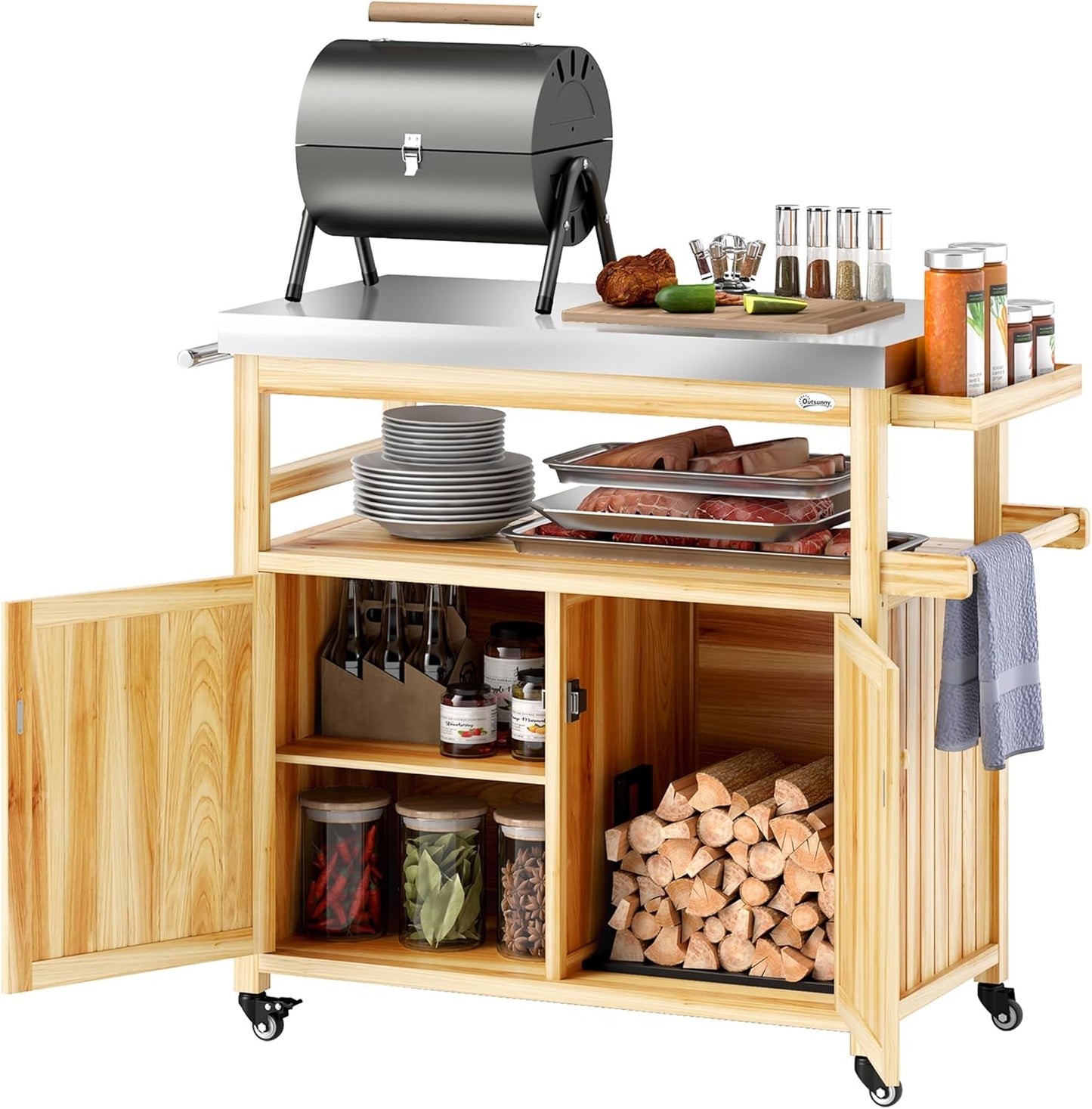 Outsunny Outdoor Grill Cart with Wheels and Storage, Solid Wood Outdoor Kitchen Island with