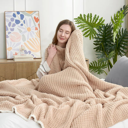 Snuggle Sac Beige Waffle Bedding Blankets Queen Size 90x90 inches, Reversible Microfiber Fluffy