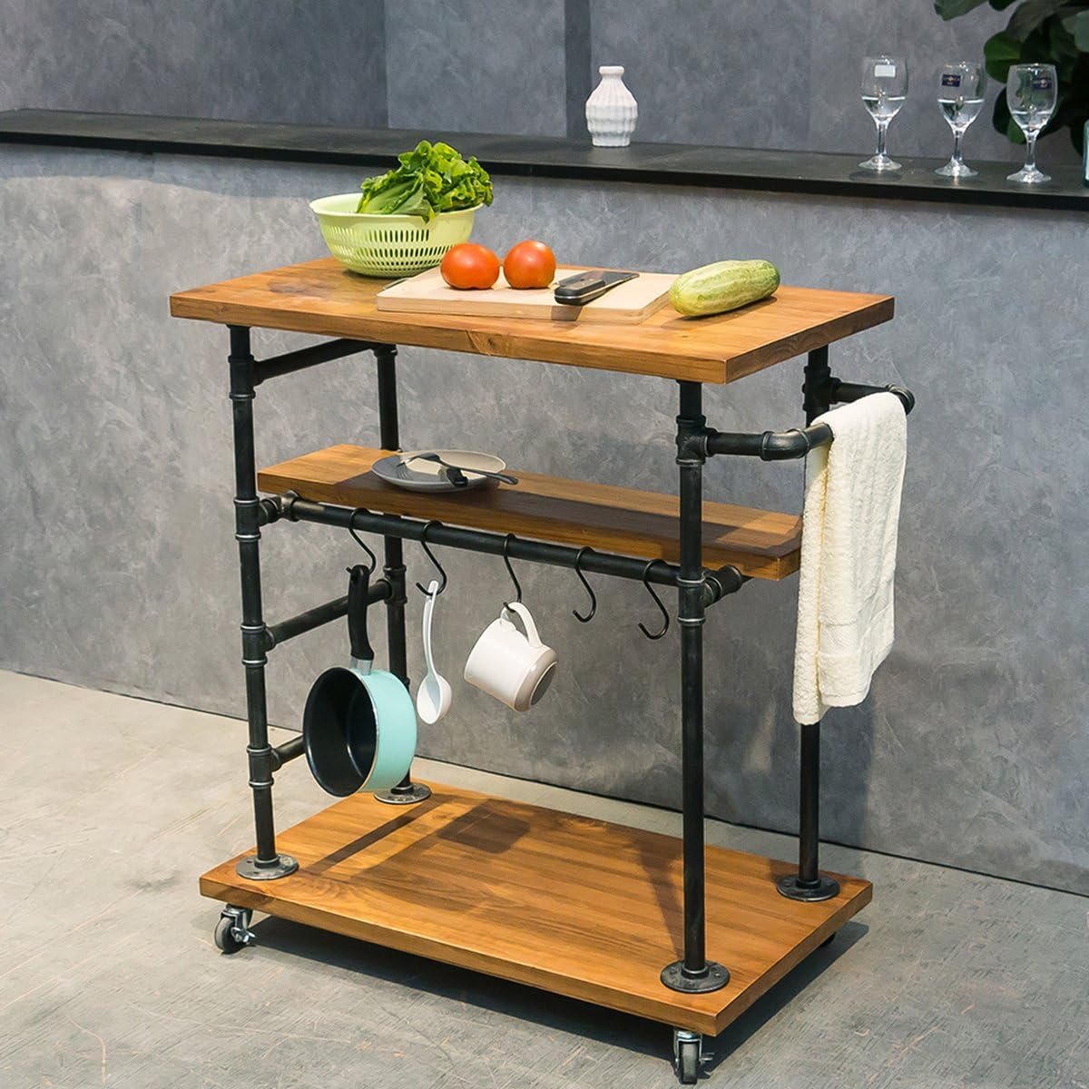 Industrial Portable Kitchen Island on Wheels,Bar Carts for the Home Wine Bar Beverage Coffee