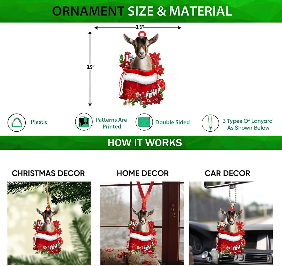 Talataca Goat 2D Flat Christmas Ornament, Goat in Red Santa Gift Bag Pine Tree Decor, Hanging House