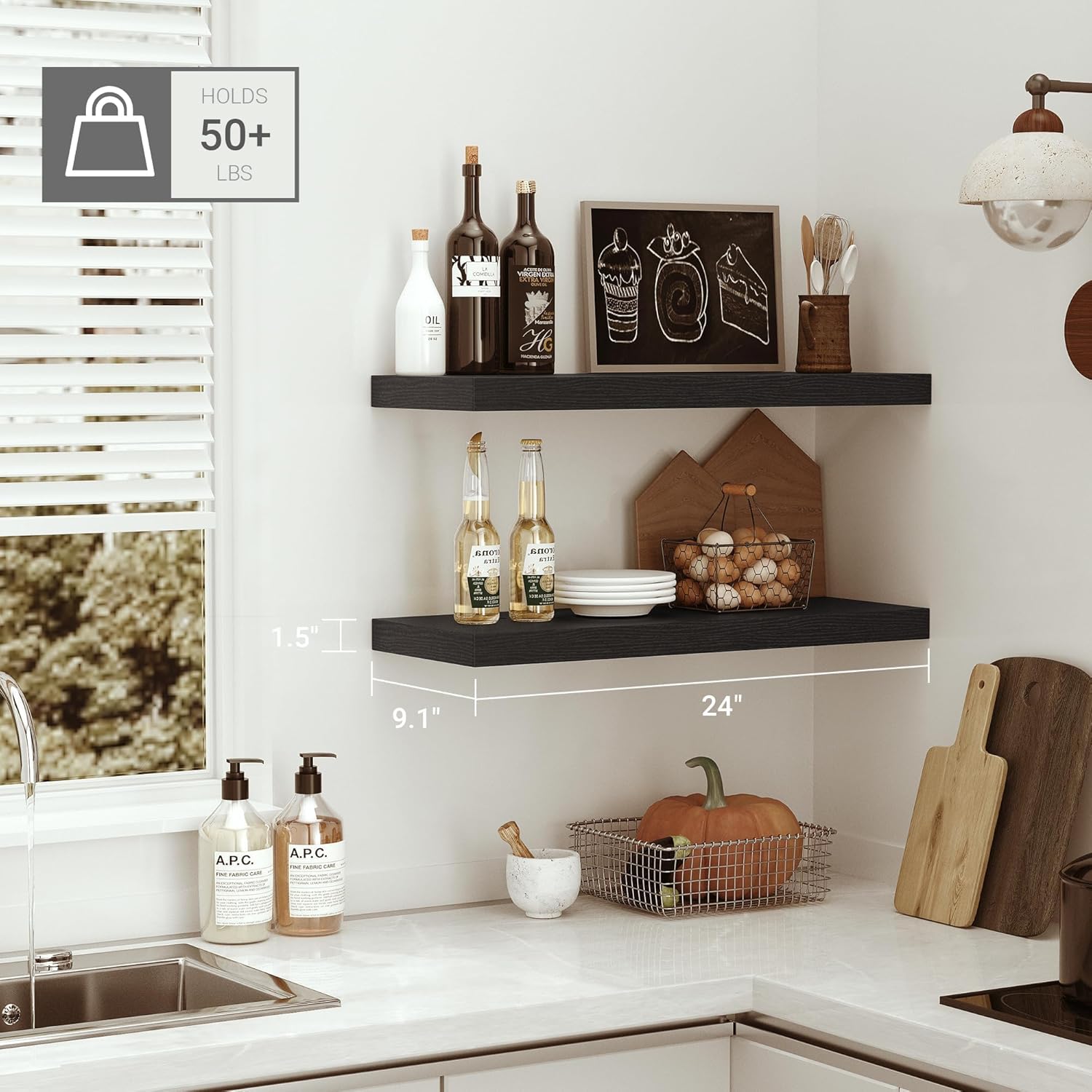 Black Floating Shelves for Wall Mounted, 24 inchs x 9.1” Deep x 1.5” Thick Wall Shelves for