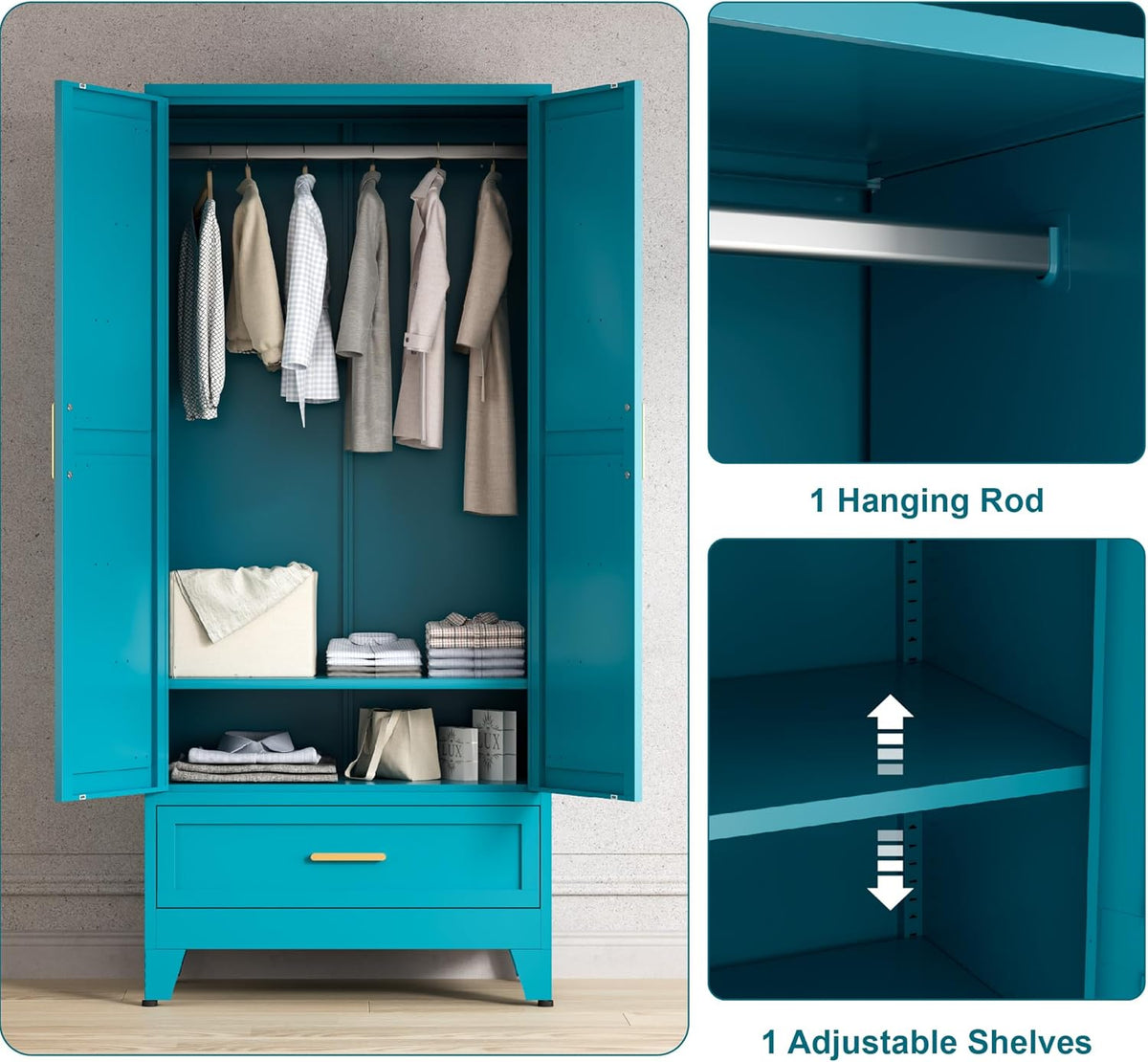 71'' Farmhouse Metal Wardrobe Cabinet with Hanging Rod, 2 Barn Door Wardrobe Closet with Adjustable