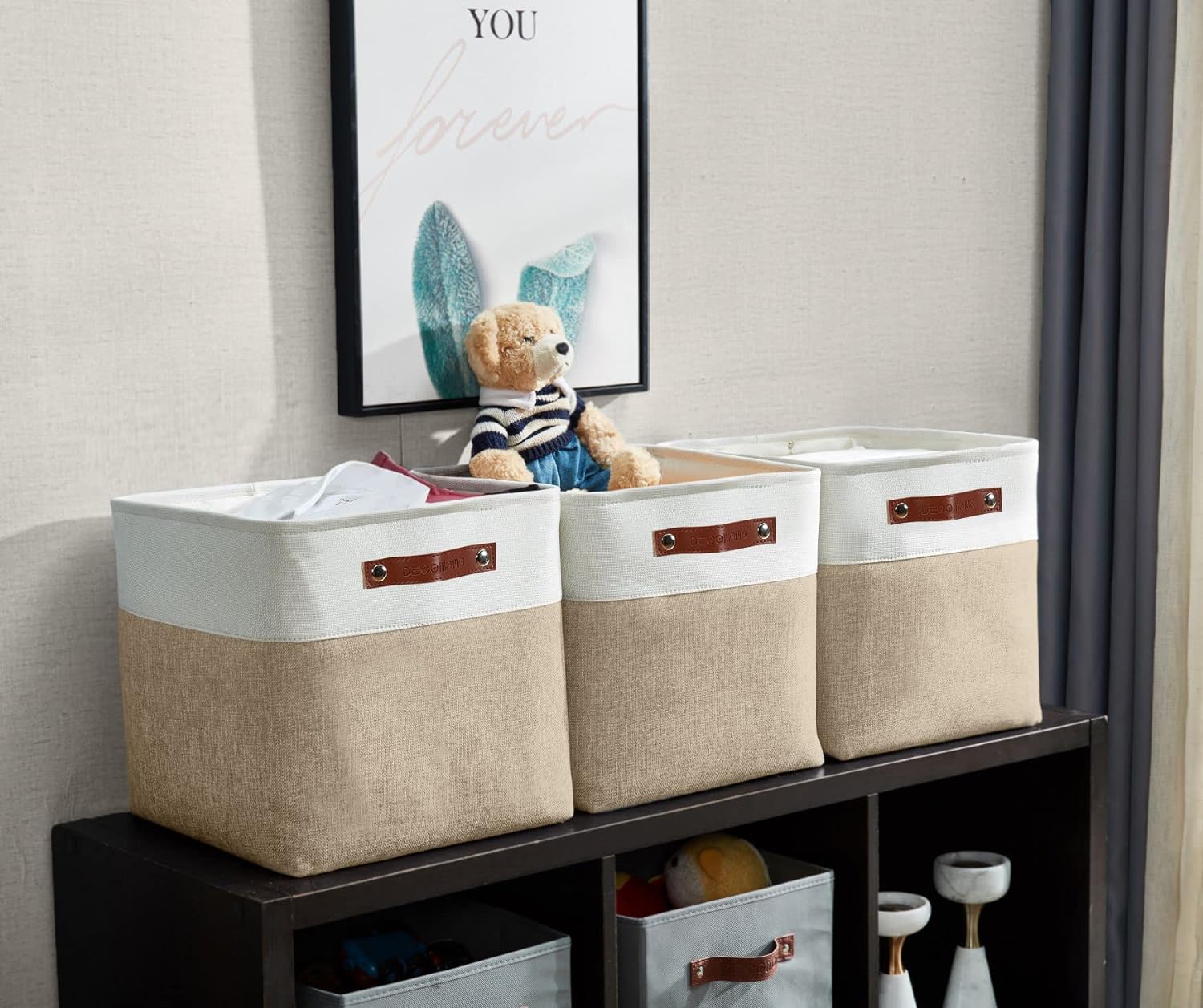 DECOMOMO Storage Cubes, 11x11 Cube Storage Bins, Baskets for Shelves (Beige & White, Cube 11" - 4