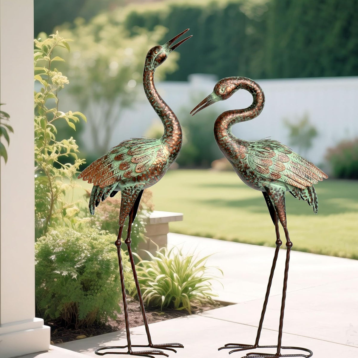 Shorayn Garden Crane Statues, Blue Heron Sculptures for Outdoor, Cranes Decor Metal Bird, Patina