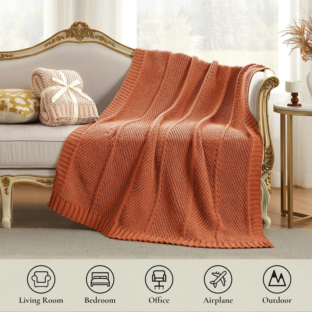 Amélie Home Chenille Knit Throw Blanket for Couch, Chevron Texture Decorative Soft Blanket for