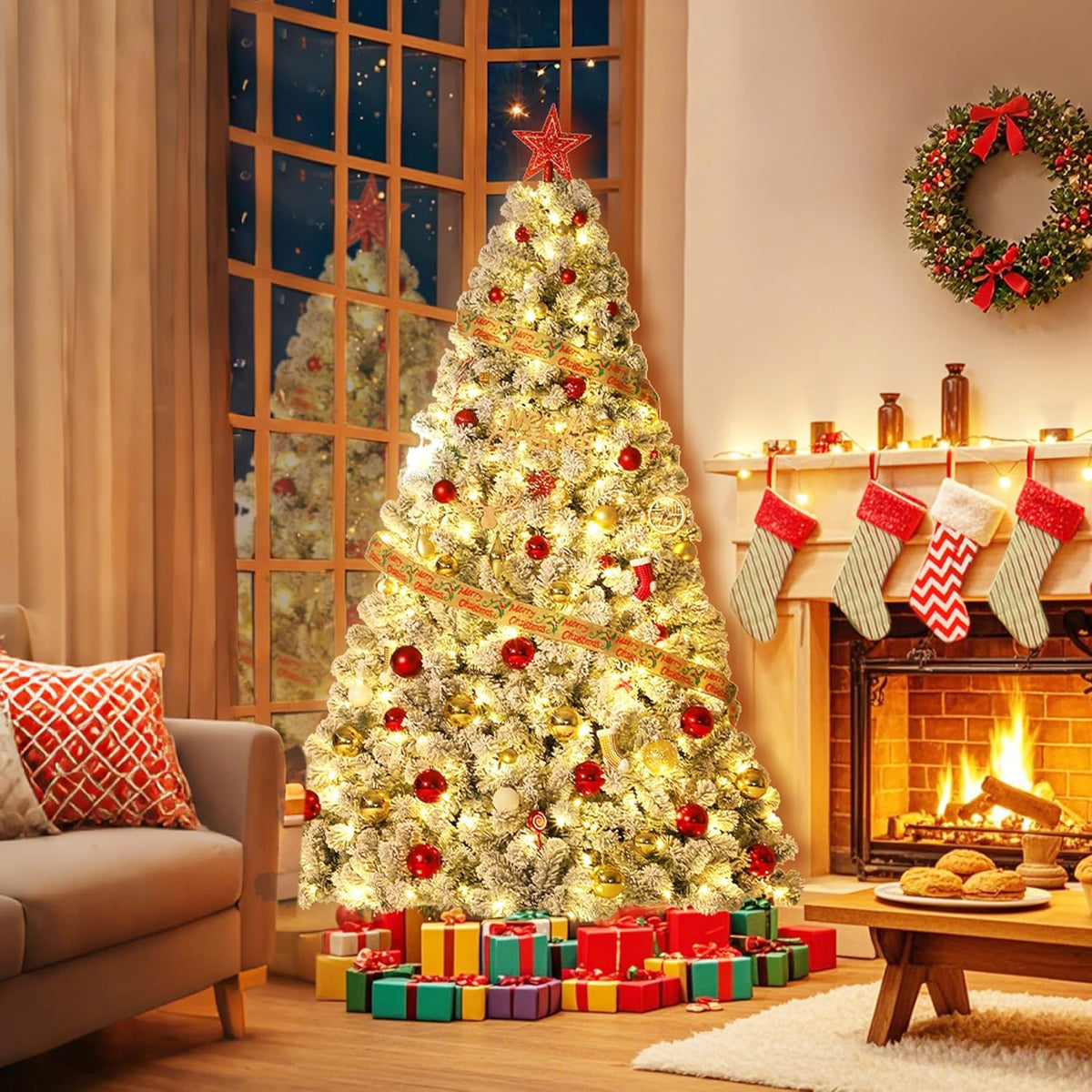 GarveeHome 7.5ft Prelit Artificial Christmas Tree with Warm White Lights, Snow Flocked Full Xmas