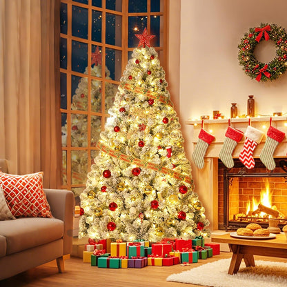 GarveeHome 7.5ft Prelit Artificial Christmas Tree with Warm White Lights, Snow Flocked Full Xmas
