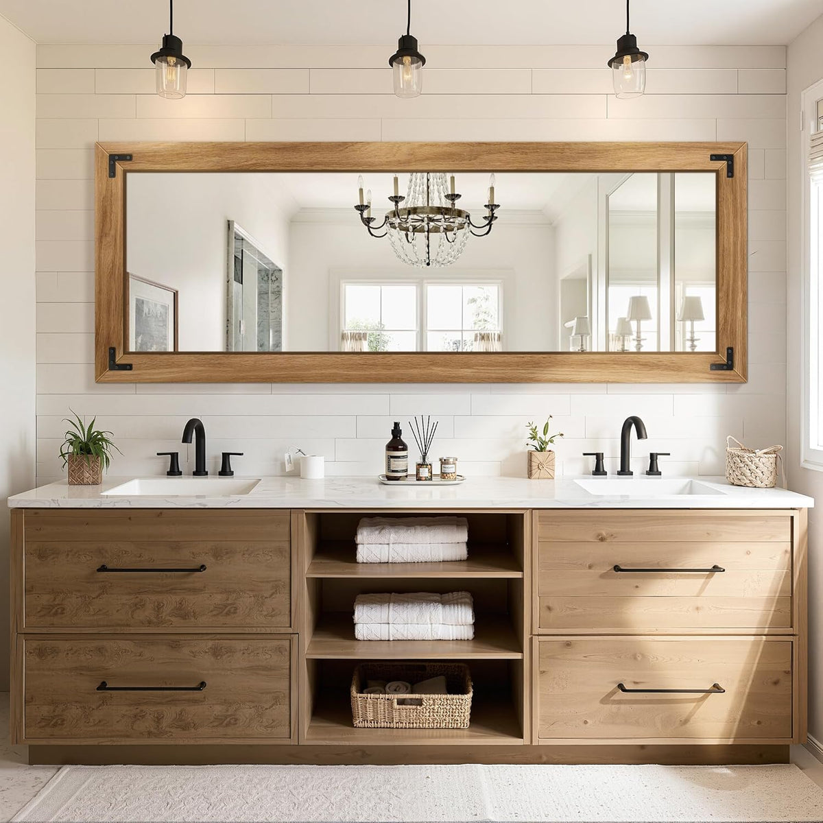Full Length Mirror with Wooden Frame, 65"X24" Solid Wood Standing Floor Mirror for Farmhouse