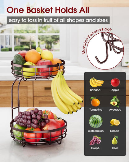 Fruit Basket for Kitchen Counter - 2-Tier Large Capacity Fruit Bowl with Detachable Banana Hanger