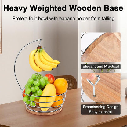 Livabber Countertop Fruit Basket Bowl with Banana Hanger, Modern Standing Fruit Vegetable Bowl