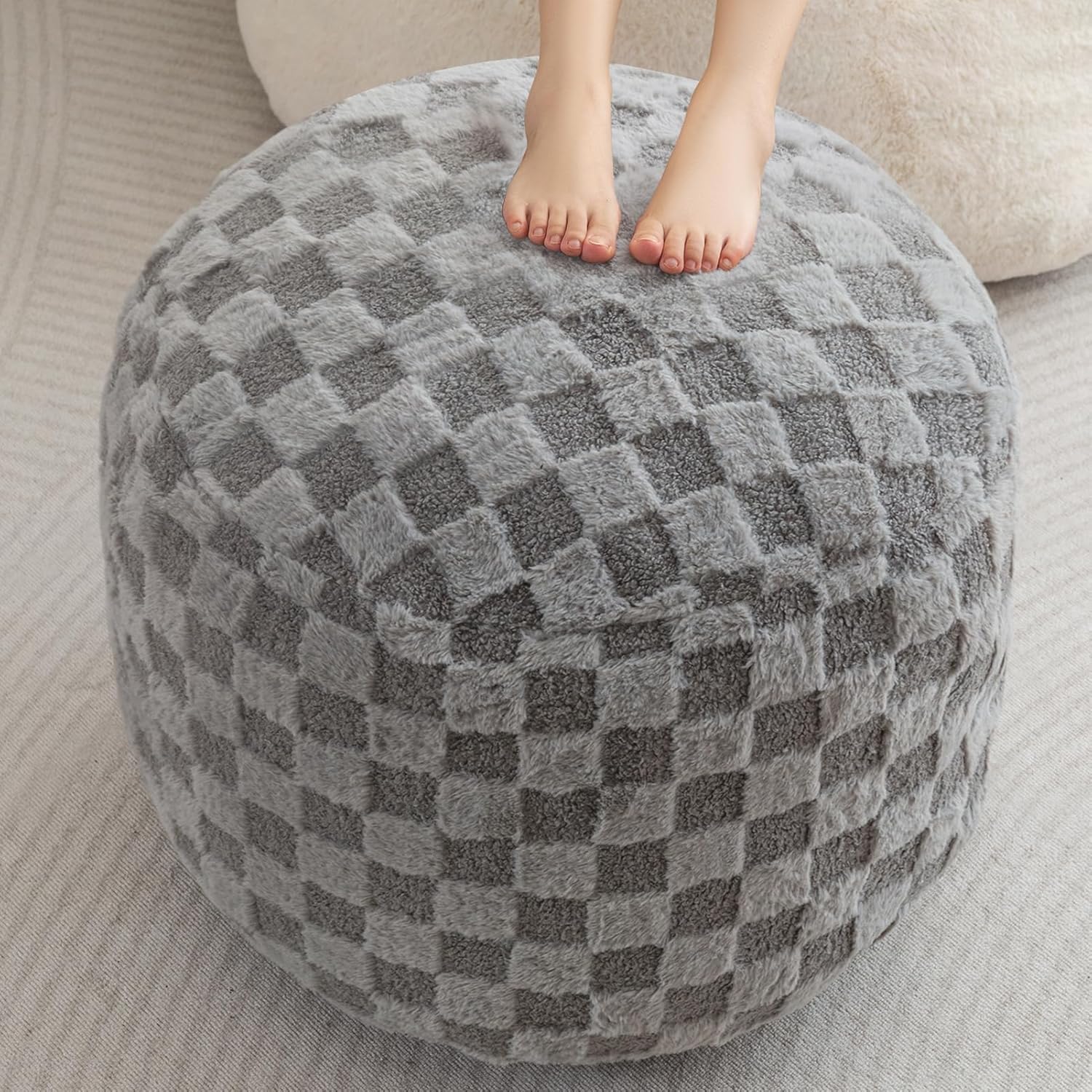 HIGOGOGO Round Stuffed Pouf Ottoman, Plaid Poufs with Foam Chunk Filling, Fluffy and Furry Pouf