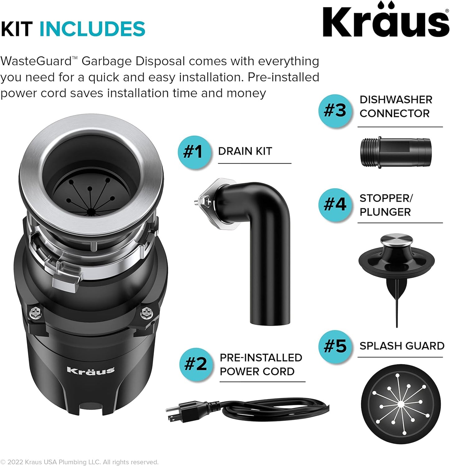 KRAUS WasteGuard 1/2 HP Continuous Feed Ultra-Quiet Motor Garbage Disposal with Quick Connect