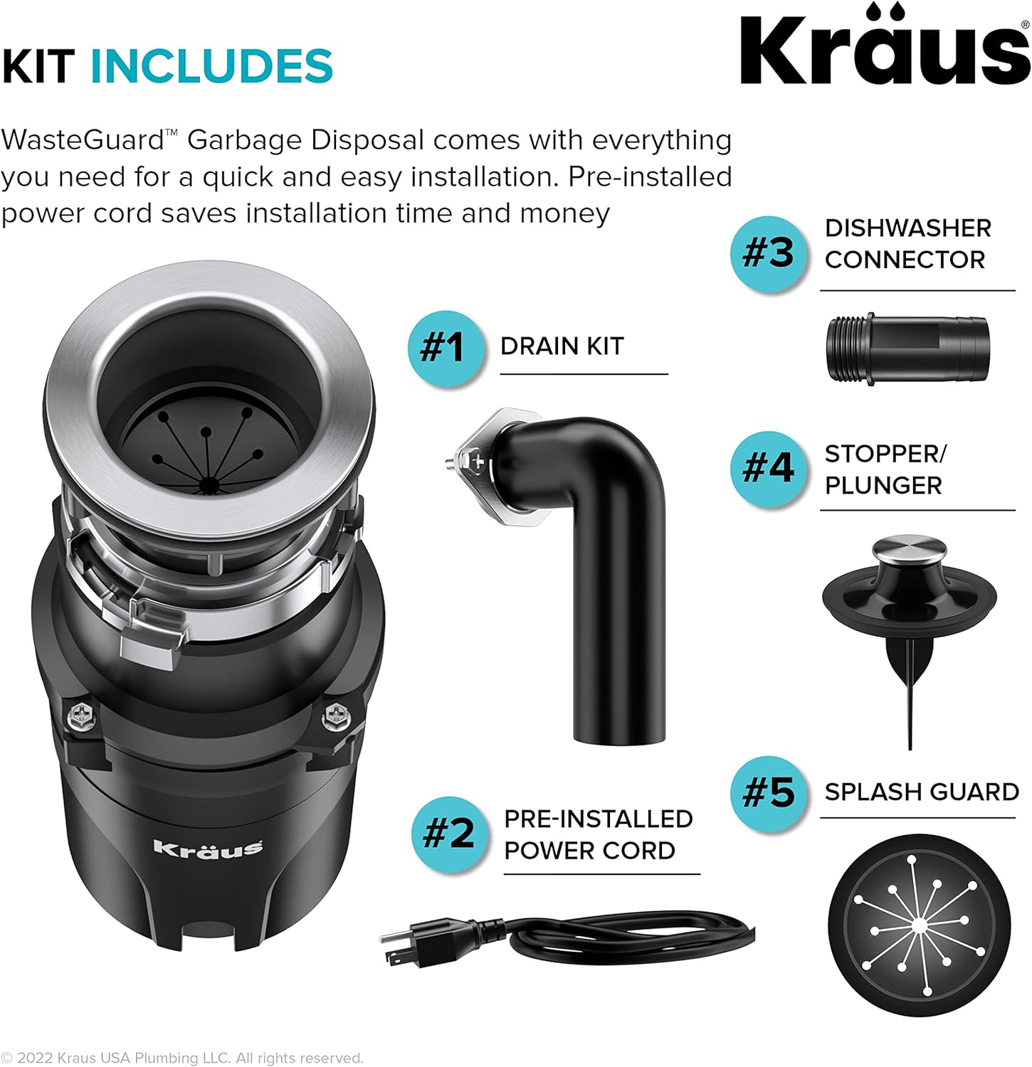 KRAUS WasteGuard 1/3 HP Ultra-Quiet Garbage Disposal with Quick Connect, Kitchen Sink Drain Cover