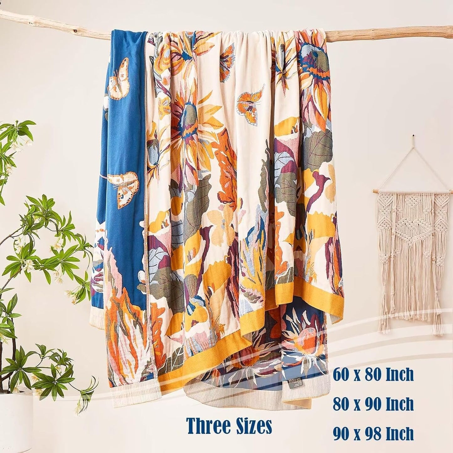 Boho Throw Blanket, 100% Cotton Ultra Soft Luxury Throw Rustic Quilt, 60"x80" Floral Bird Butterfly